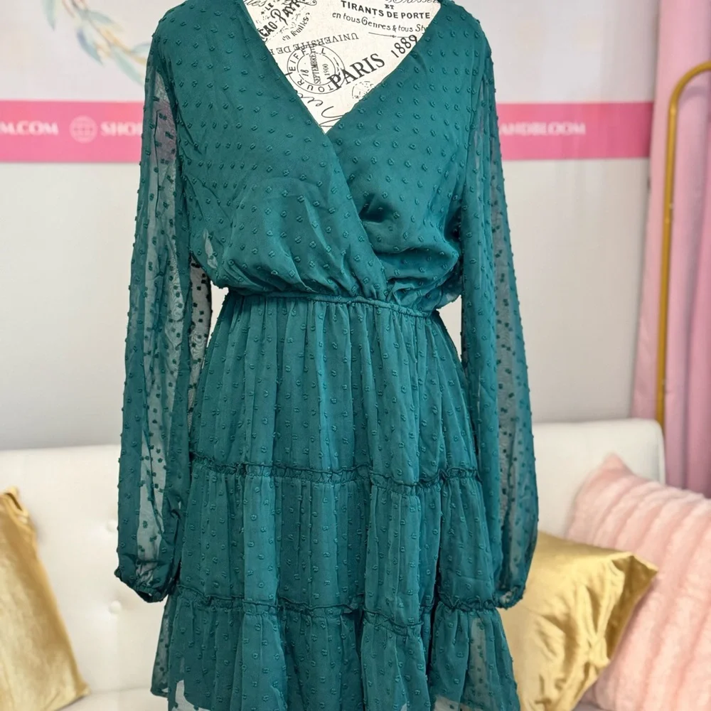 Emerald Green Swiss Dot Tiered Long Sleeve Dress - Picture 3 of 5
